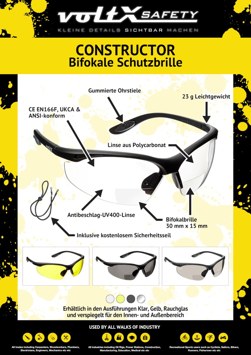 voltX GT ADJUSTABLE Bifocal Reading Safety Glasses (Clear Lens +2.0), ANSI Z87.1+ & CE EN166FT, Anti fog coated, UV400 Lens, Tilt & length adjustable earstems, clip on safety cord. - Image 3